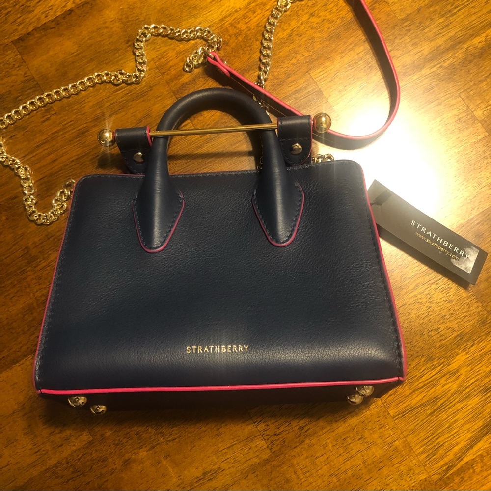 Strathberry Navy Leather Mini Top-Handle Crossbody with Pink Trim - Picture 7 of 16